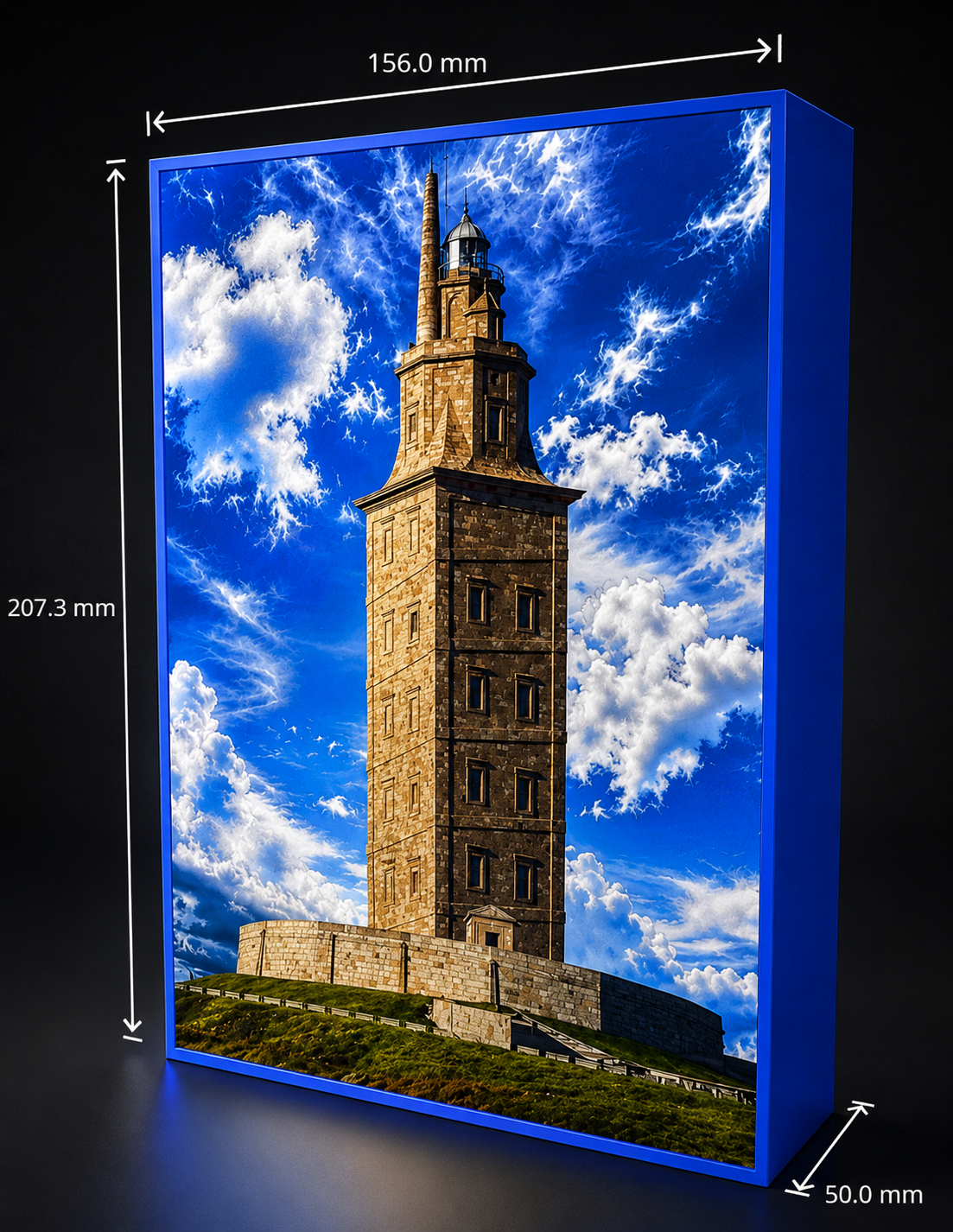 Premium LuminArt Statement van de Torre de Hércules met blauw kader